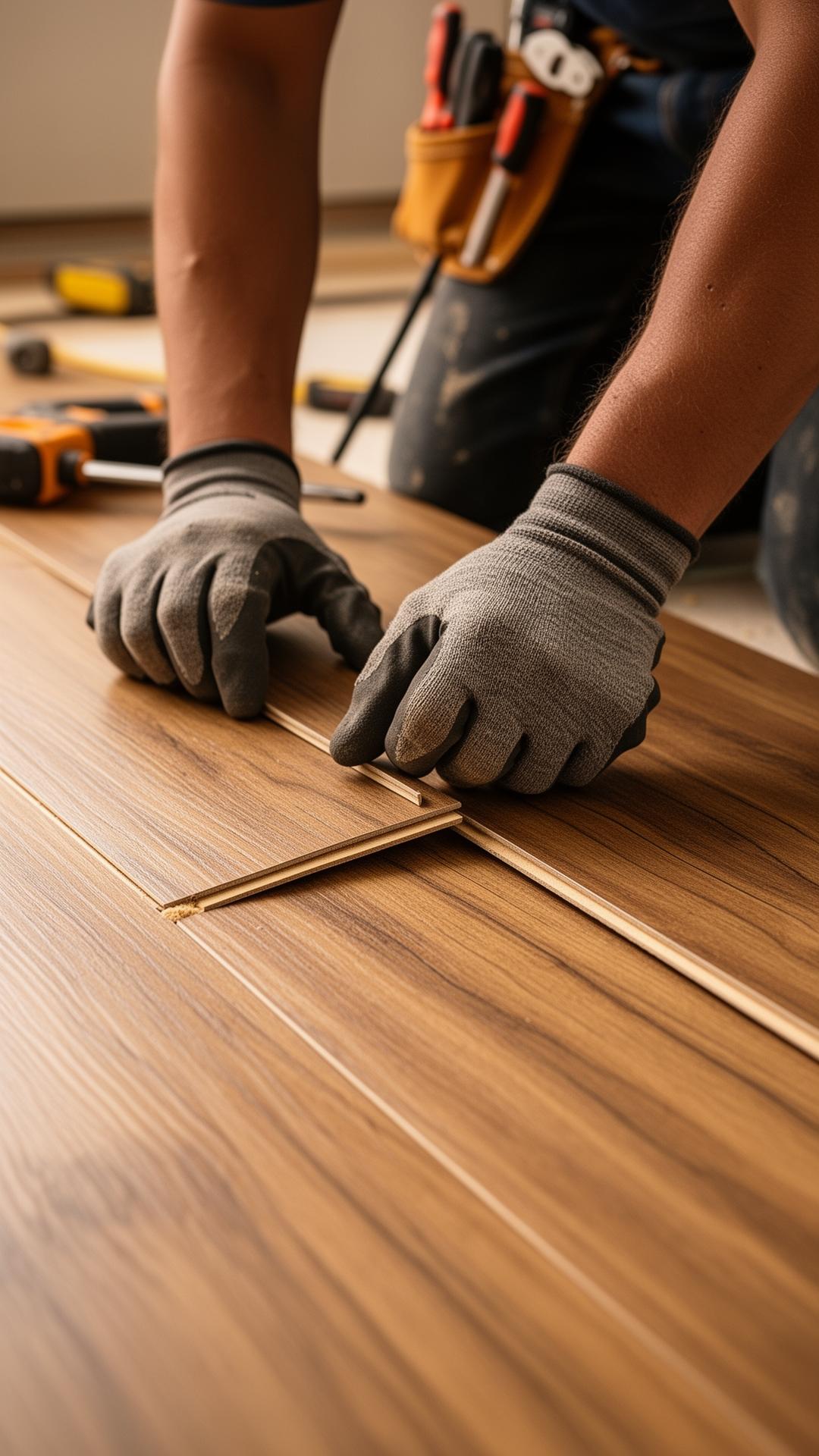 Plank flooring being installed with precision